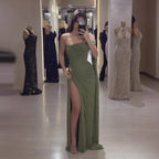 Luxury Olive Green Chiffon Off Shoulder Prom Evening Dress With Slit CLA73653