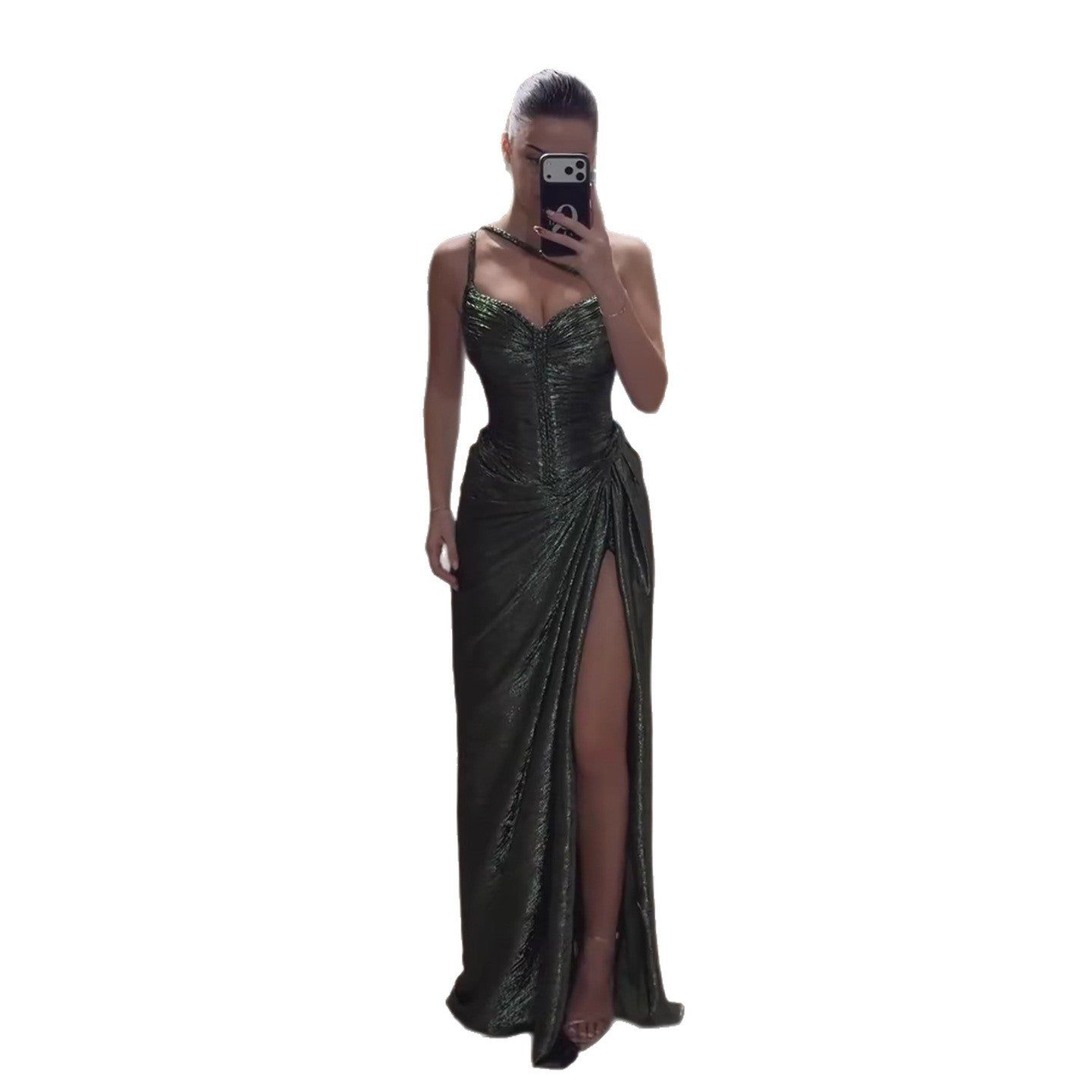 Luxury Olive Green Corset Beaded One Shoulder Evening Dress With Slit CLA73654