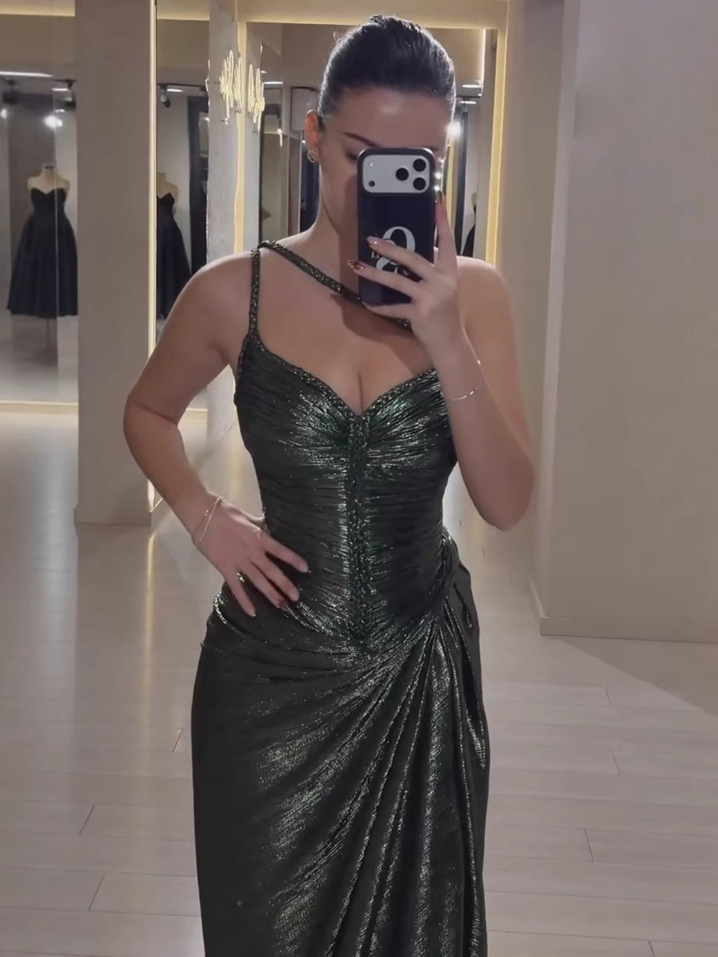 Luxury Olive Green Corset Beaded One Shoulder Evening Dress With Slit CLA73654