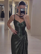 Luxury Olive Green Corset Beaded One Shoulder Evening Dress With Slit CLA73654