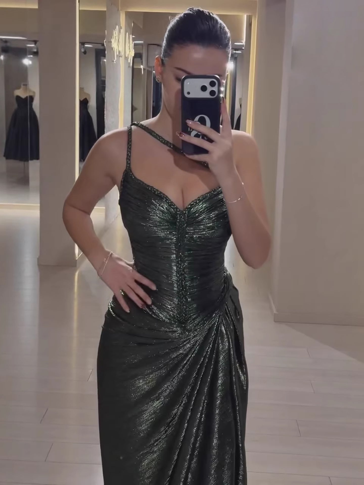 Luxury Olive Green Corset Beaded One Shoulder Evening Dress With Slit CLA73654