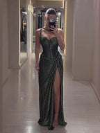 Luxury Olive Green Corset Beaded One Shoulder Evening Dress With Slit CLA73654