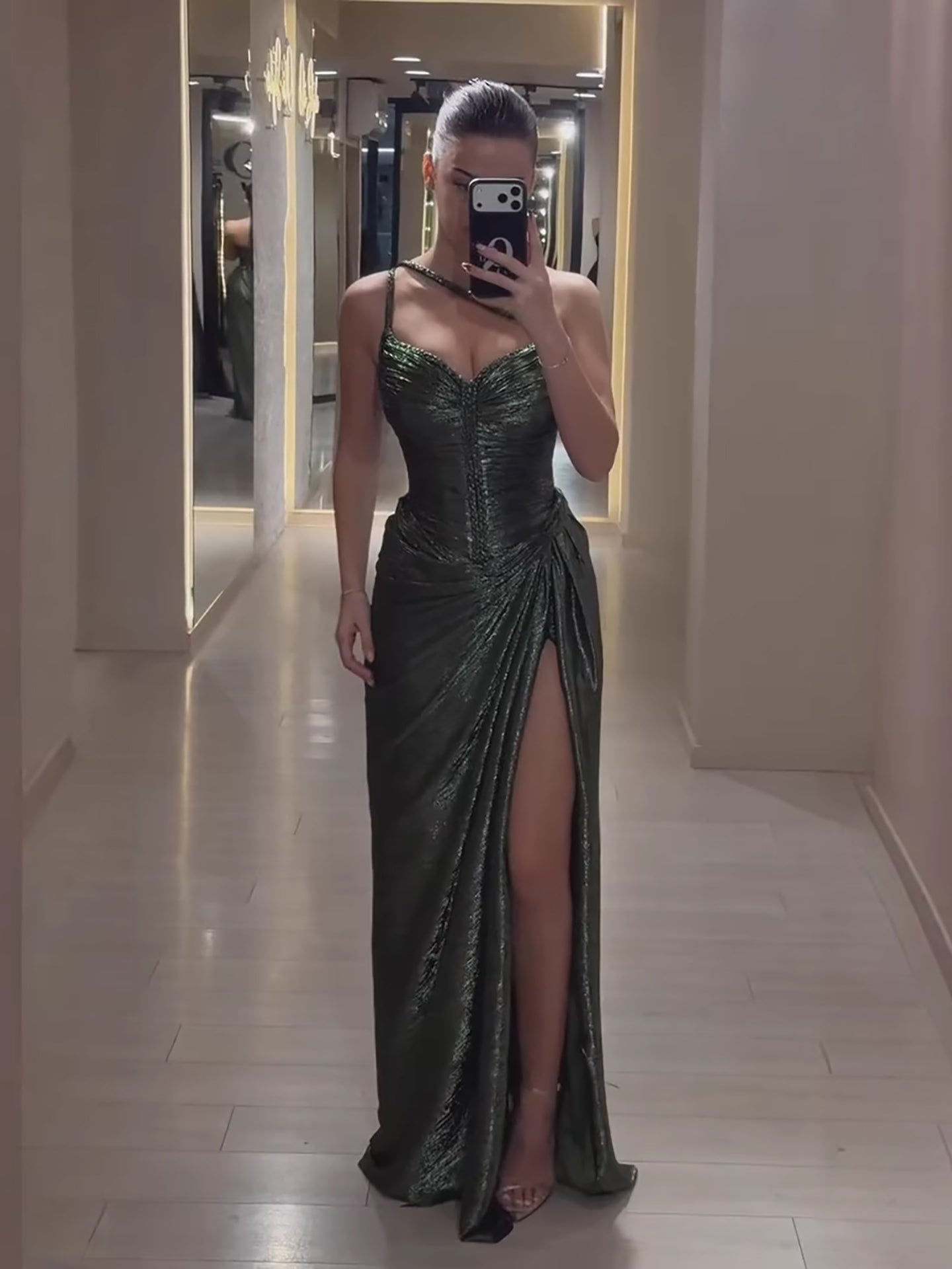 Luxury Olive Green Corset Beaded One Shoulder Evening Dress With Slit CLA73654