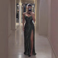 Luxury Olive Green Corset Beaded One Shoulder Evening Dress With Slit CLA73654
