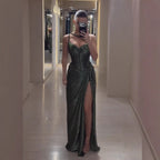 Luxury Olive Green Corset Beaded One Shoulder Evening Dress With Slit CLA73654