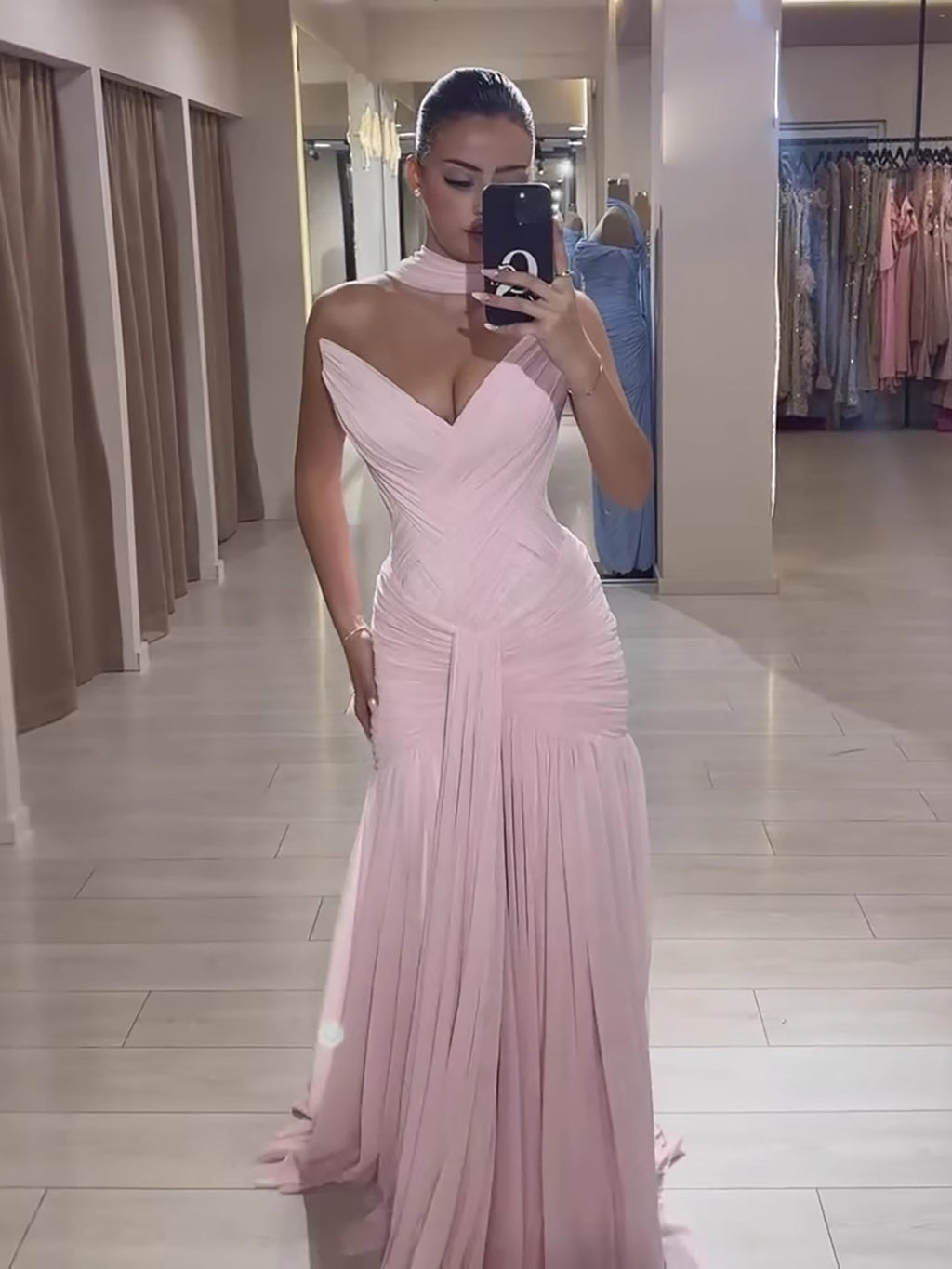 Pink Chiffon A-Line Evening Dress with Scarf CLA73655
