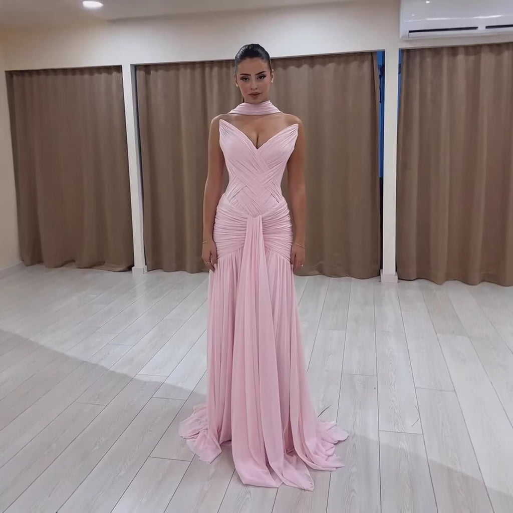 Pink Chiffon A-Line Evening Dress with Scarf CLA73655