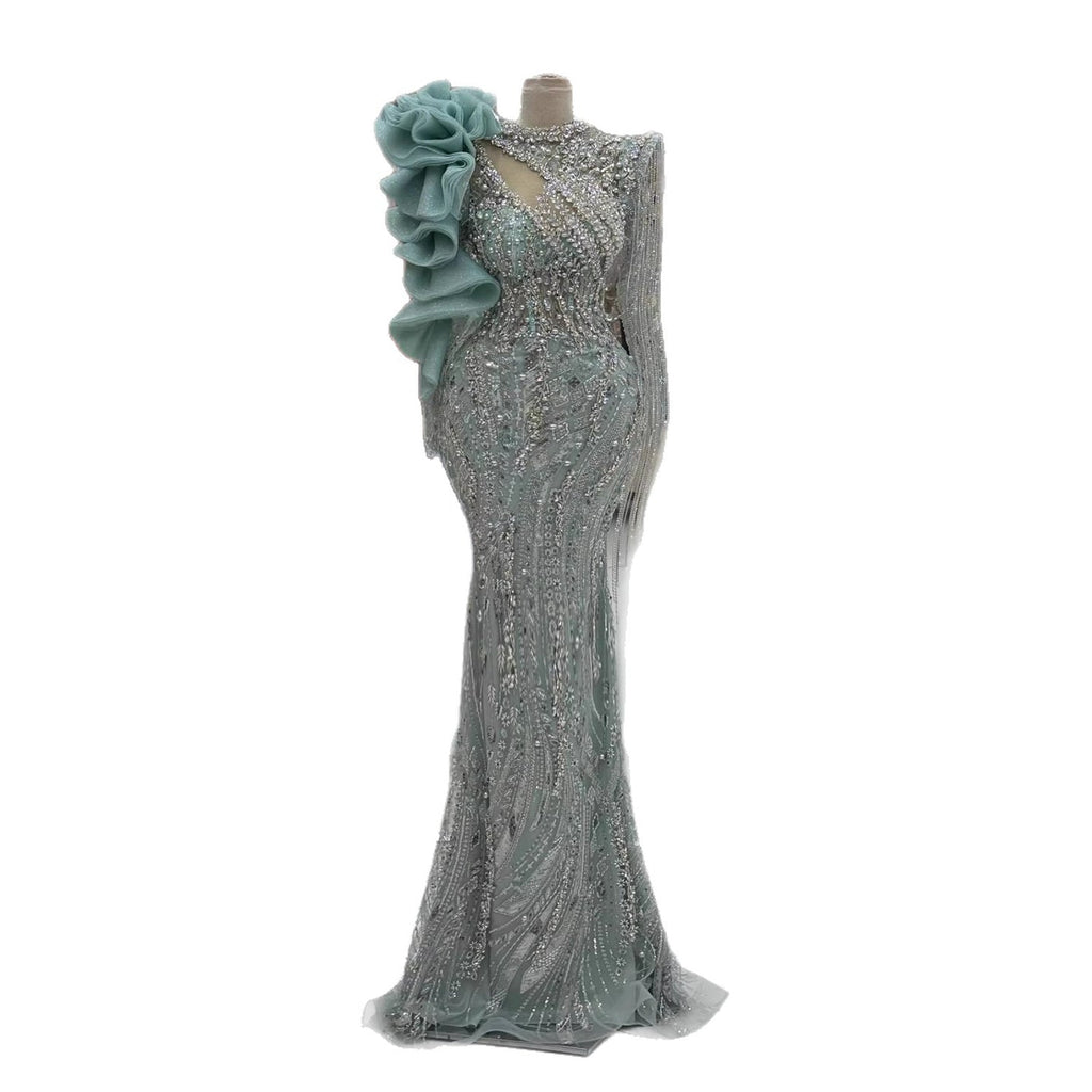Sage Green Beaded Mermaid Evening Dress with Ruffle Shoulder CLA73657