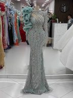 Sage Green Beaded Mermaid Evening Dress with Ruffle Shoulder CLA73657
