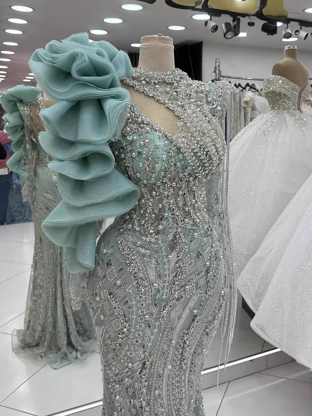 Sage Green Beaded Mermaid Evening Dress with Ruffle Shoulder CLA73657