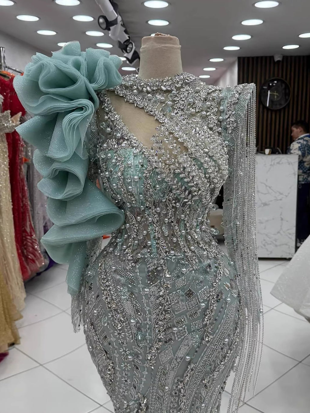 Sage Green Beaded Mermaid Evening Dress with Ruffle Shoulder CLA73657