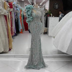 Sage Green Beaded Mermaid Evening Dress with Ruffle Shoulder CLA73657