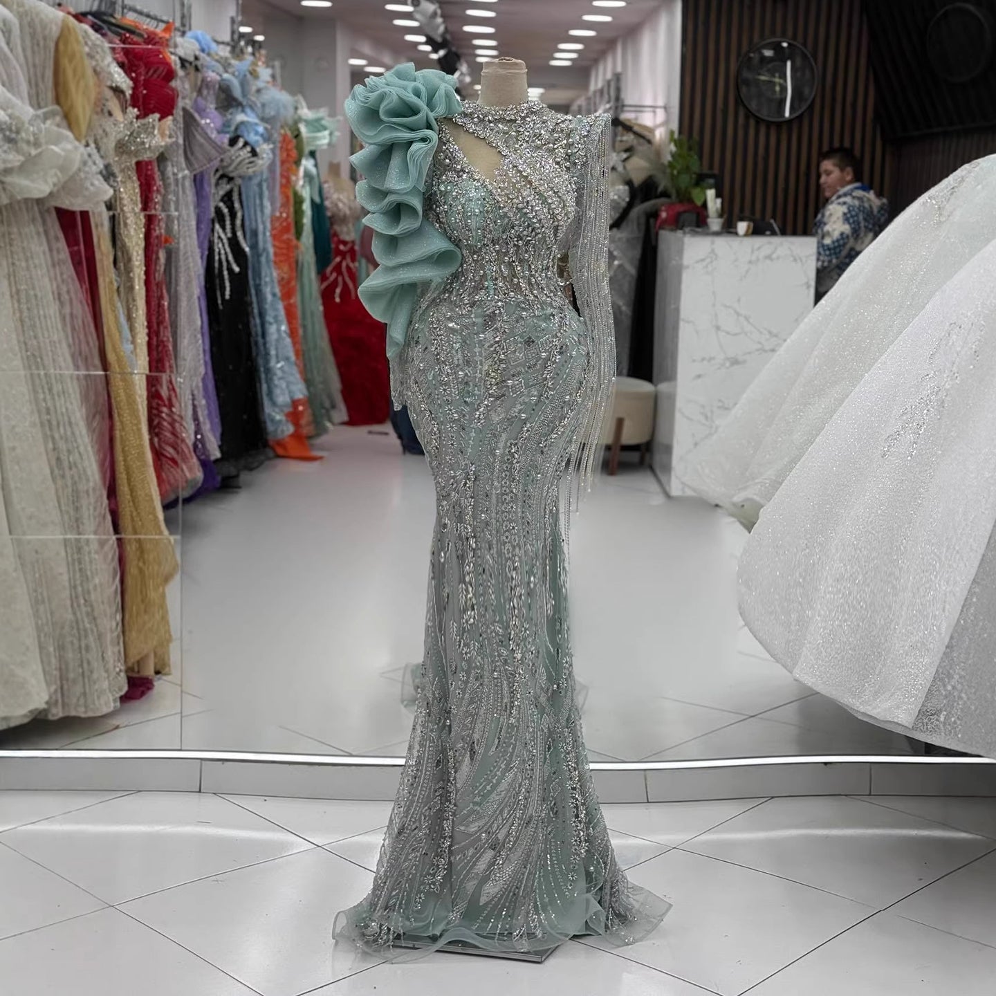 Sage Green Beaded Mermaid Evening Dress with Ruffle Shoulder CLA73657