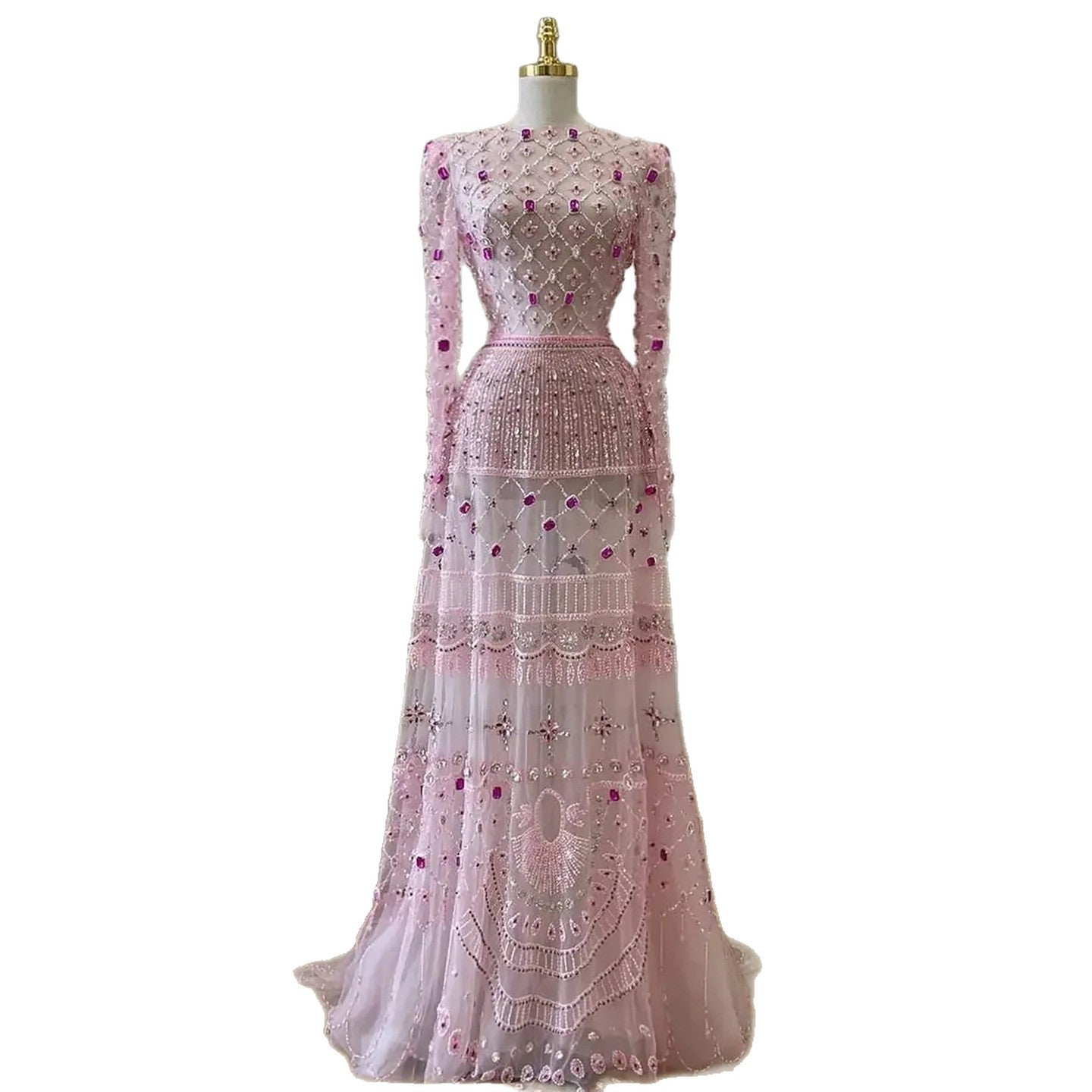Luxury Pink Beaded Long Sleeve Geometric Evening Dress LA73658
