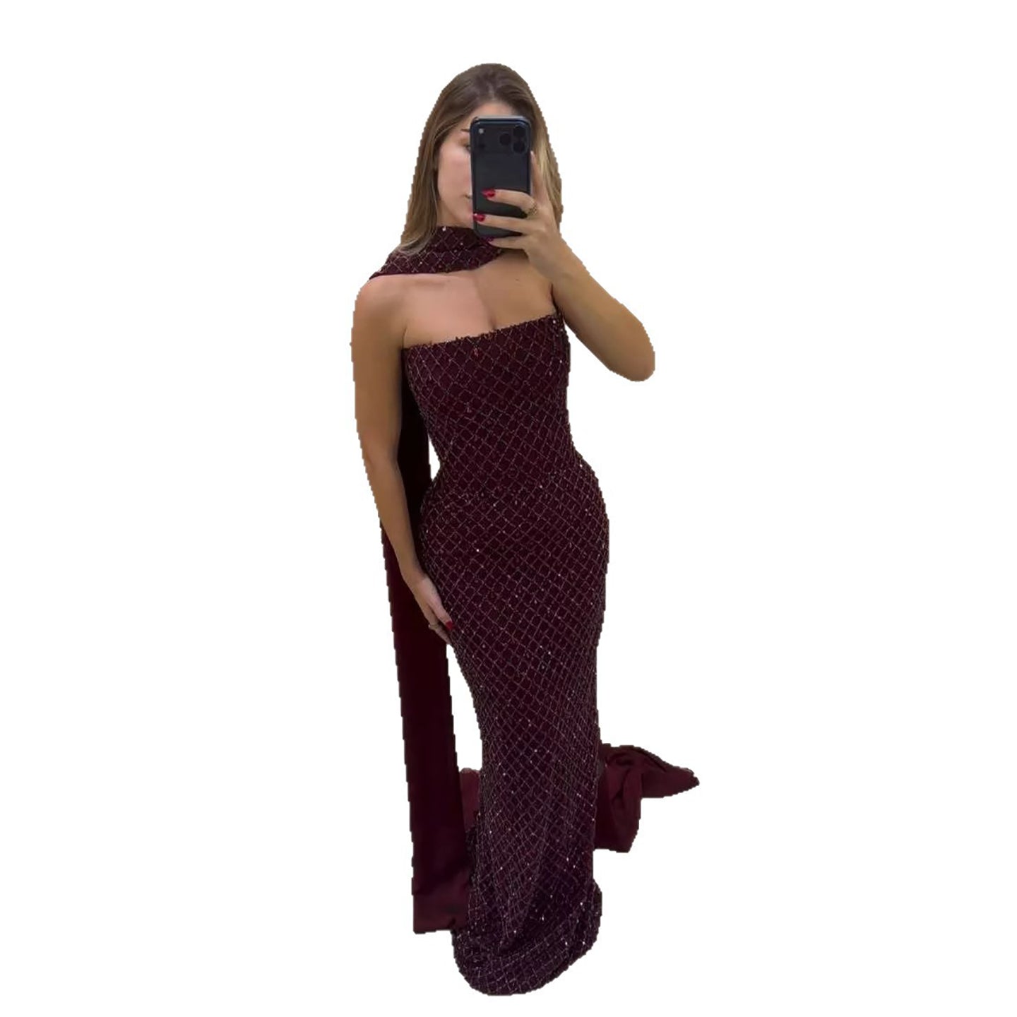 Luxury Wine Red Beaded Mermaid Evening Dress With Cape CLA73660