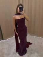Luxury Wine Red Beaded Mermaid Evening Dress With Cape CLA73660