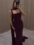 Luxury Wine Red Beaded Mermaid Evening Dress With Cape CLA73660