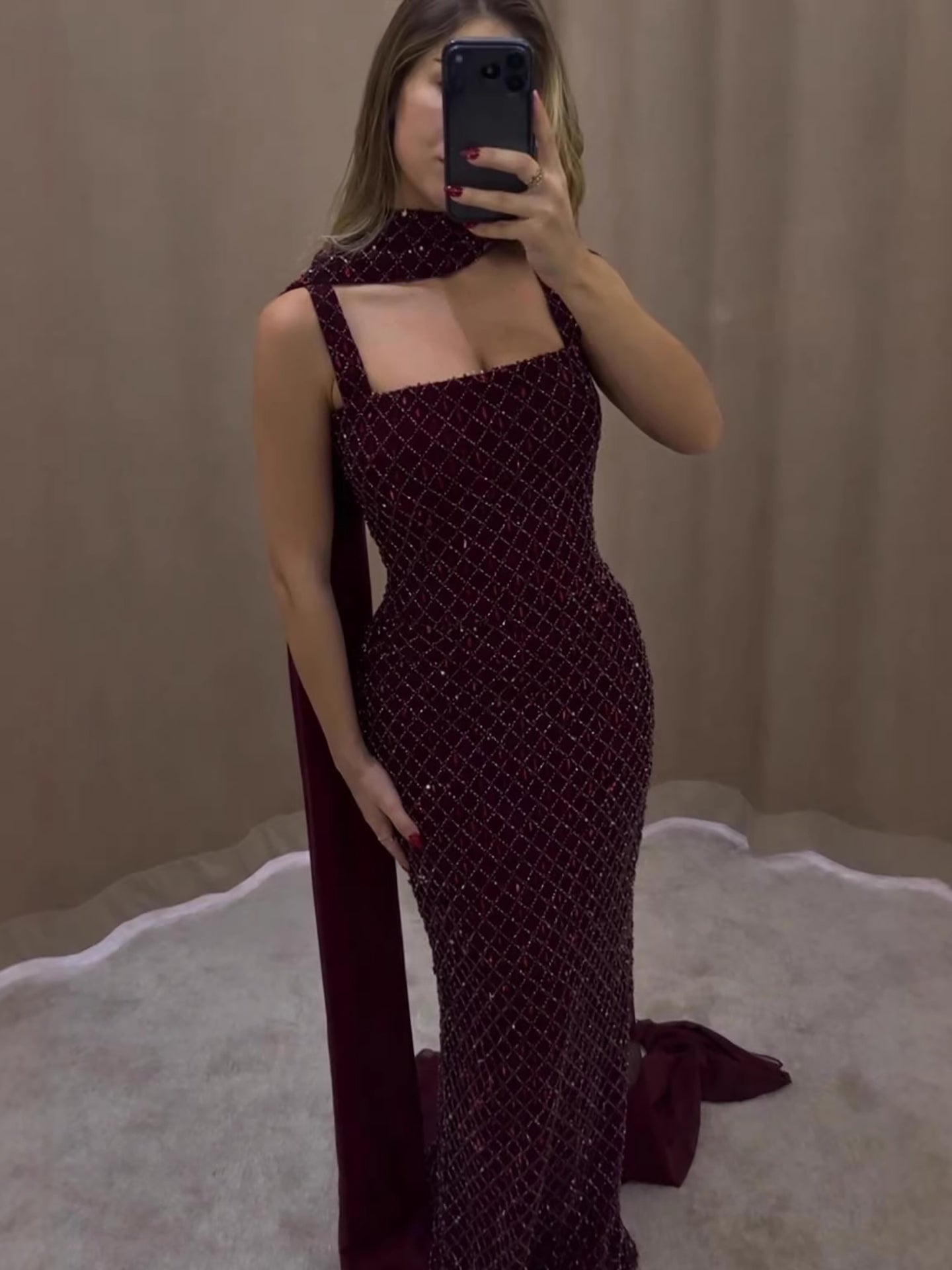 Luxury Wine Red Beaded Mermaid Evening Dress With Cape CLA73660