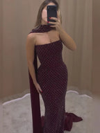 Luxury Wine Red Beaded Mermaid Evening Dress With Cape CLA73660