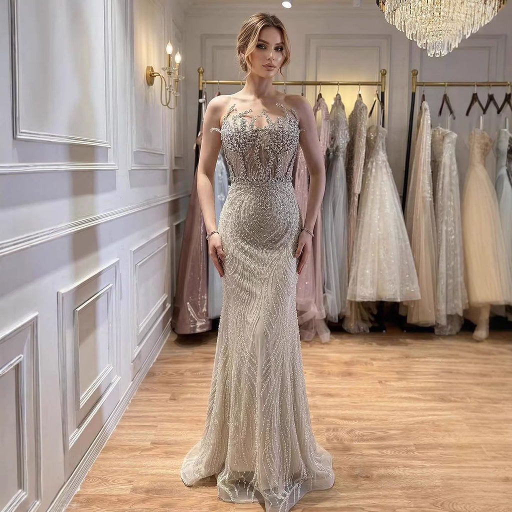 Luxury Nude Crystal Beaded Mermaid Evening Dress CLA73661