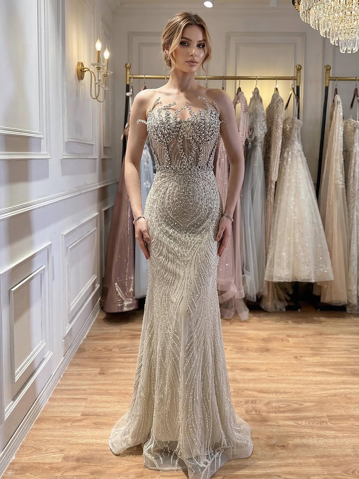Luxury Nude Crystal Beaded Mermaid Evening Dress CLA73661