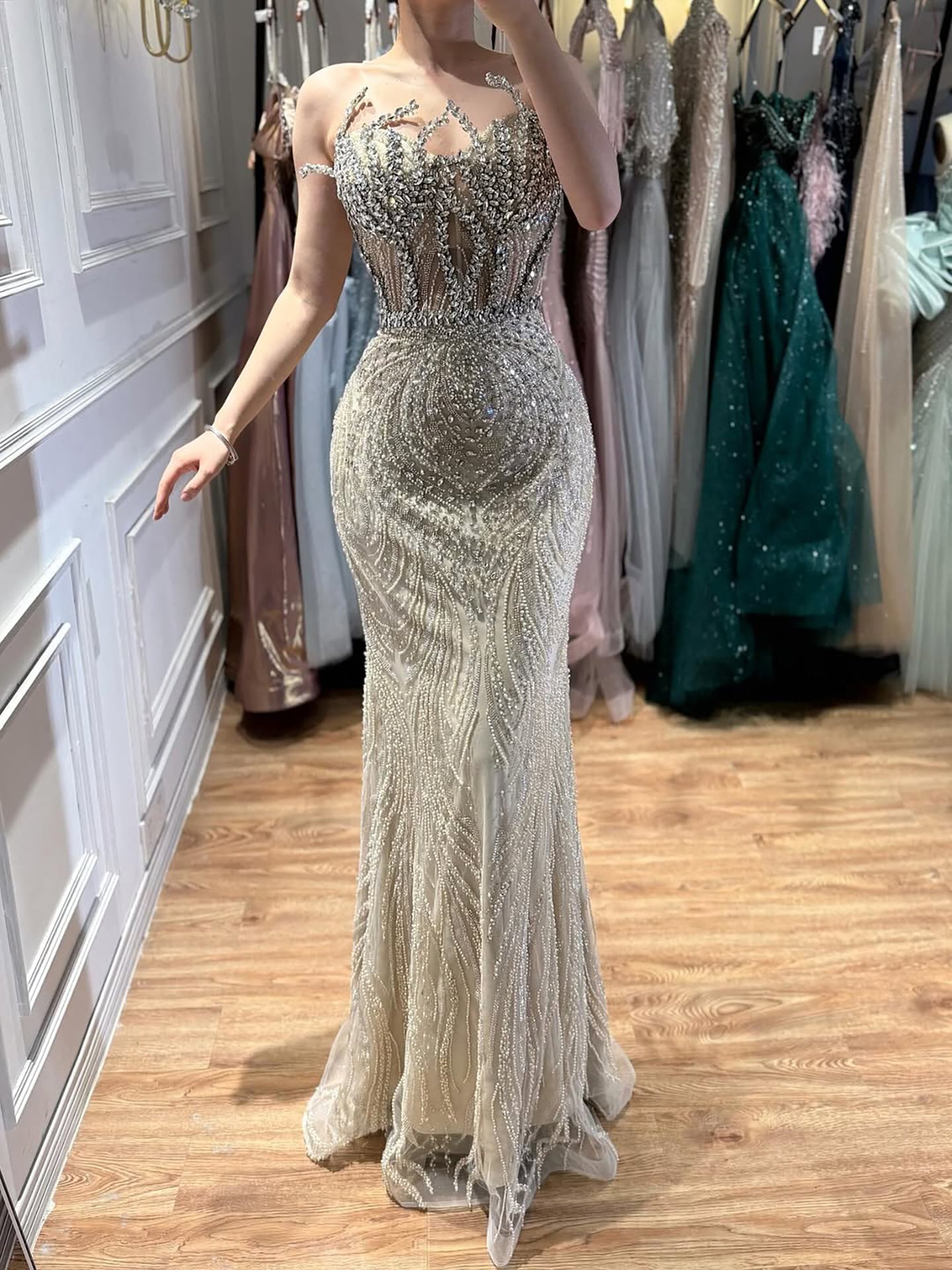 Luxury Nude Crystal Beaded Mermaid Evening Dress CLA73661