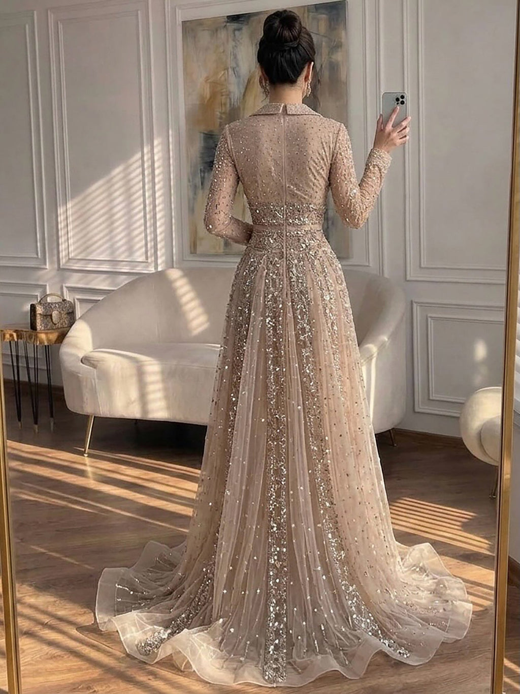 Luxury Caramel V Neck Beaded Bow A Line Evening Gown LA73663
