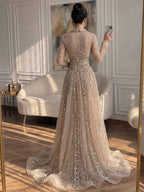 Luxury Caramel V Neck Beaded Bow A Line Evening Gown LA73663
