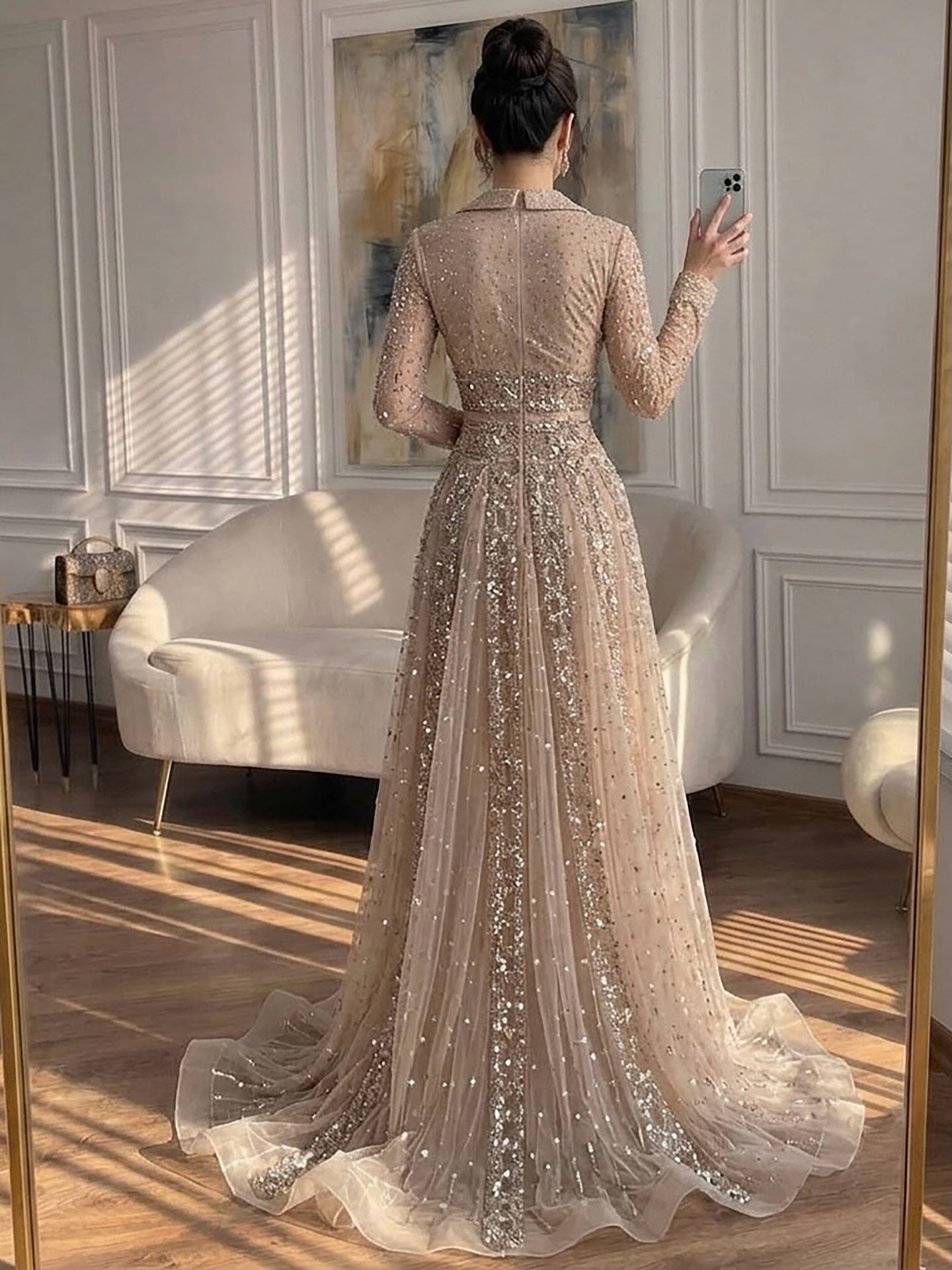 Luxury Caramel V Neck Beaded Bow A Line Evening Gown LA73663