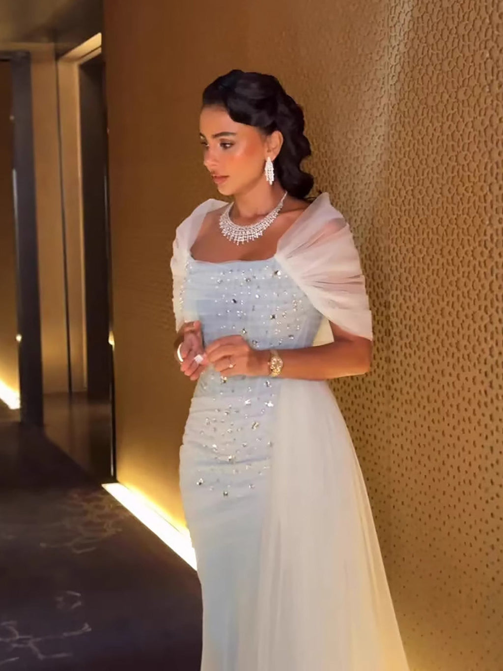Luxury Blue Beaded Mermaid Evening Dress With Overskirt CLA73664