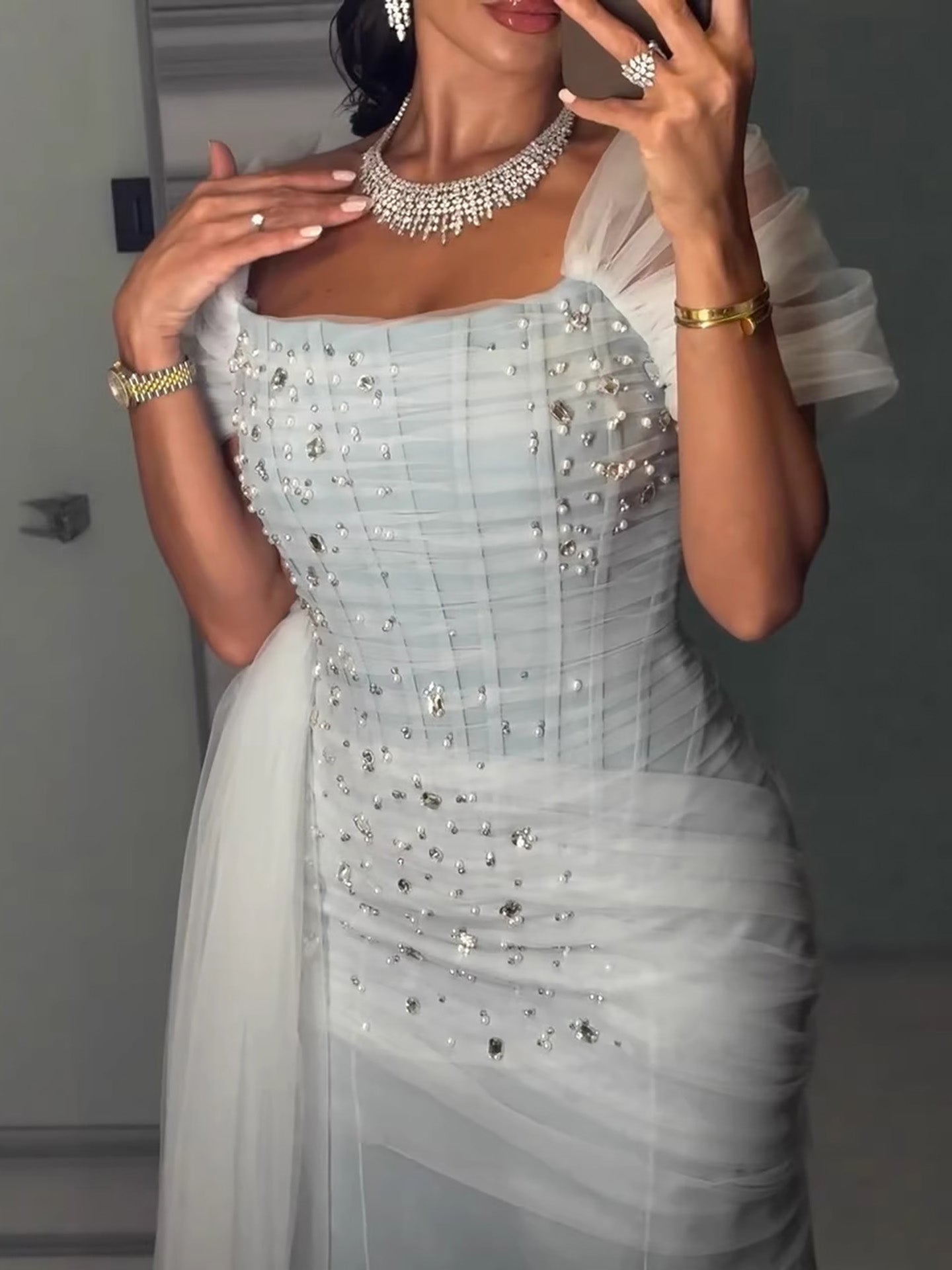 Luxury Blue Beaded Mermaid Evening Dress With Overskirt CLA73664
