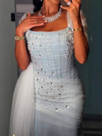 Luxury Blue Beaded Mermaid Evening Dress With Overskirt CLA73664