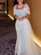 Luxury Blue Beaded Mermaid Evening Dress With Overskirt CLA73664