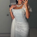 Luxury Blue Beaded Mermaid Evening Dress With Overskirt CLA73664