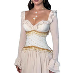 Luxury Beige Beaded A Line Evening Dress Long Sleeves CLA73665