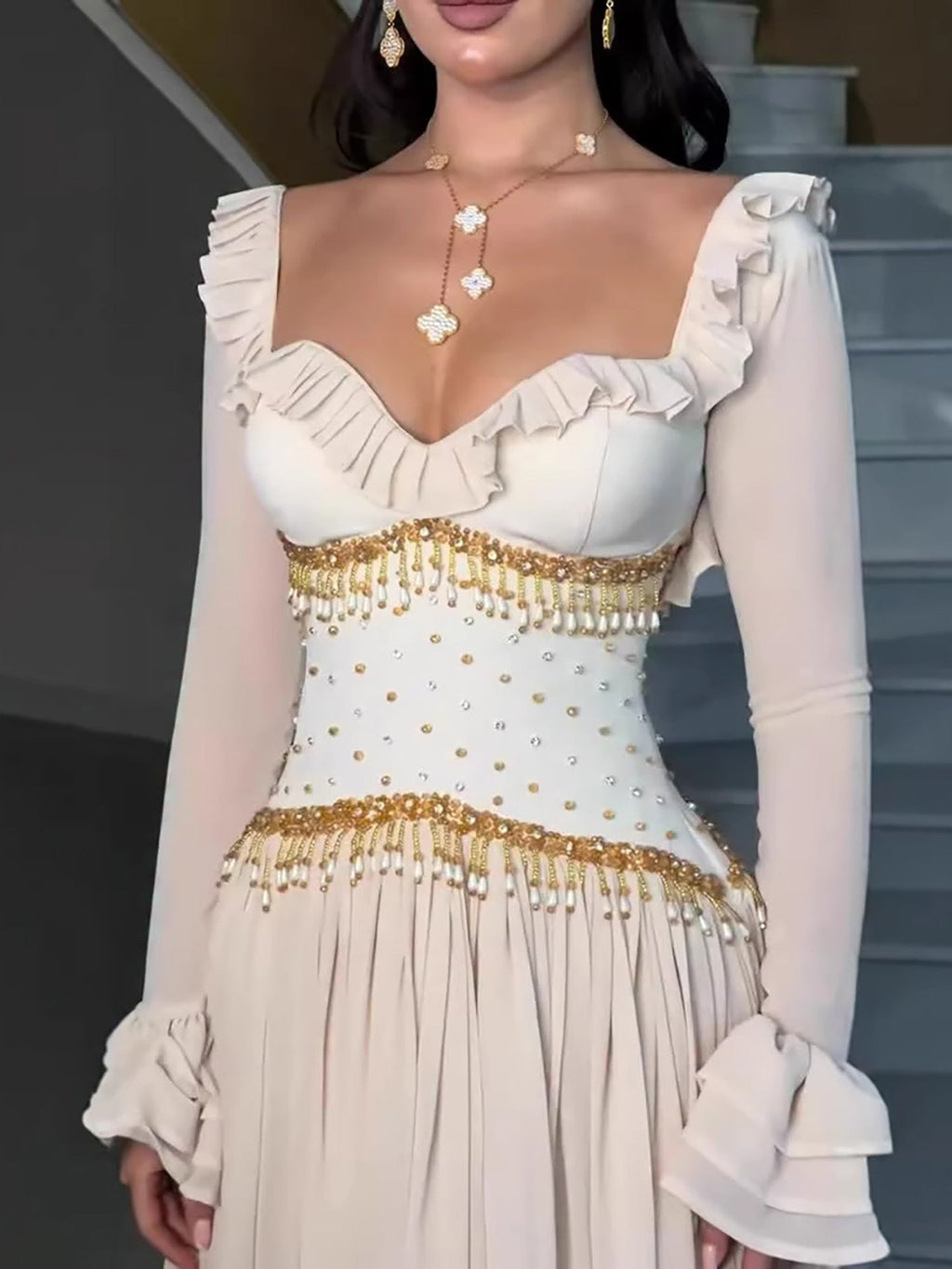 Luxury Beige Beaded A Line Evening Dress Long Sleeves CLA73665