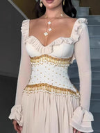 Luxury Beige Beaded A Line Evening Dress Long Sleeves CLA73665