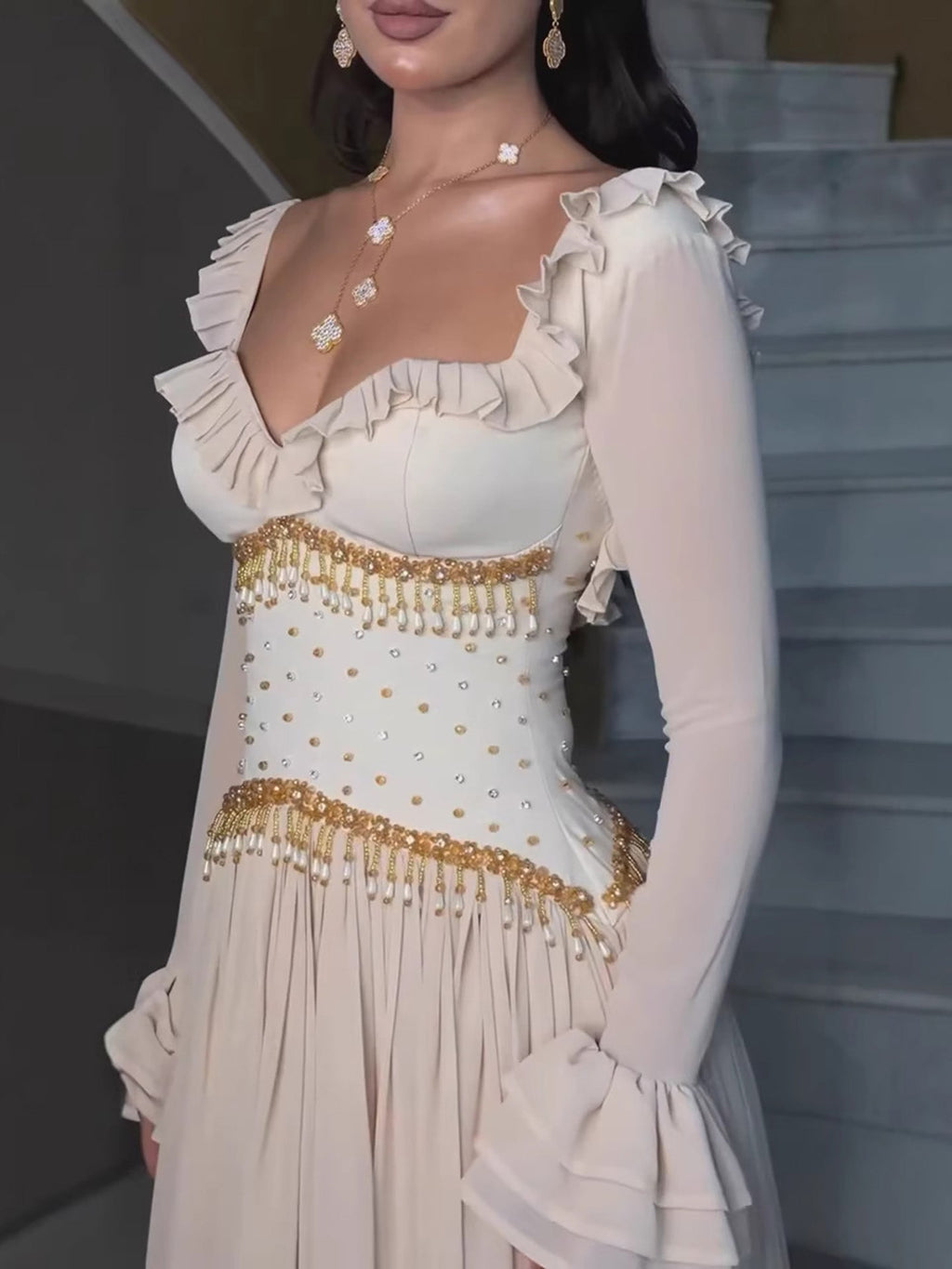 Luxury Beige Beaded A Line Evening Dress Long Sleeves CLA73665