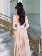 Luxury Beige Beaded A Line Evening Dress Long Sleeves CLA73665