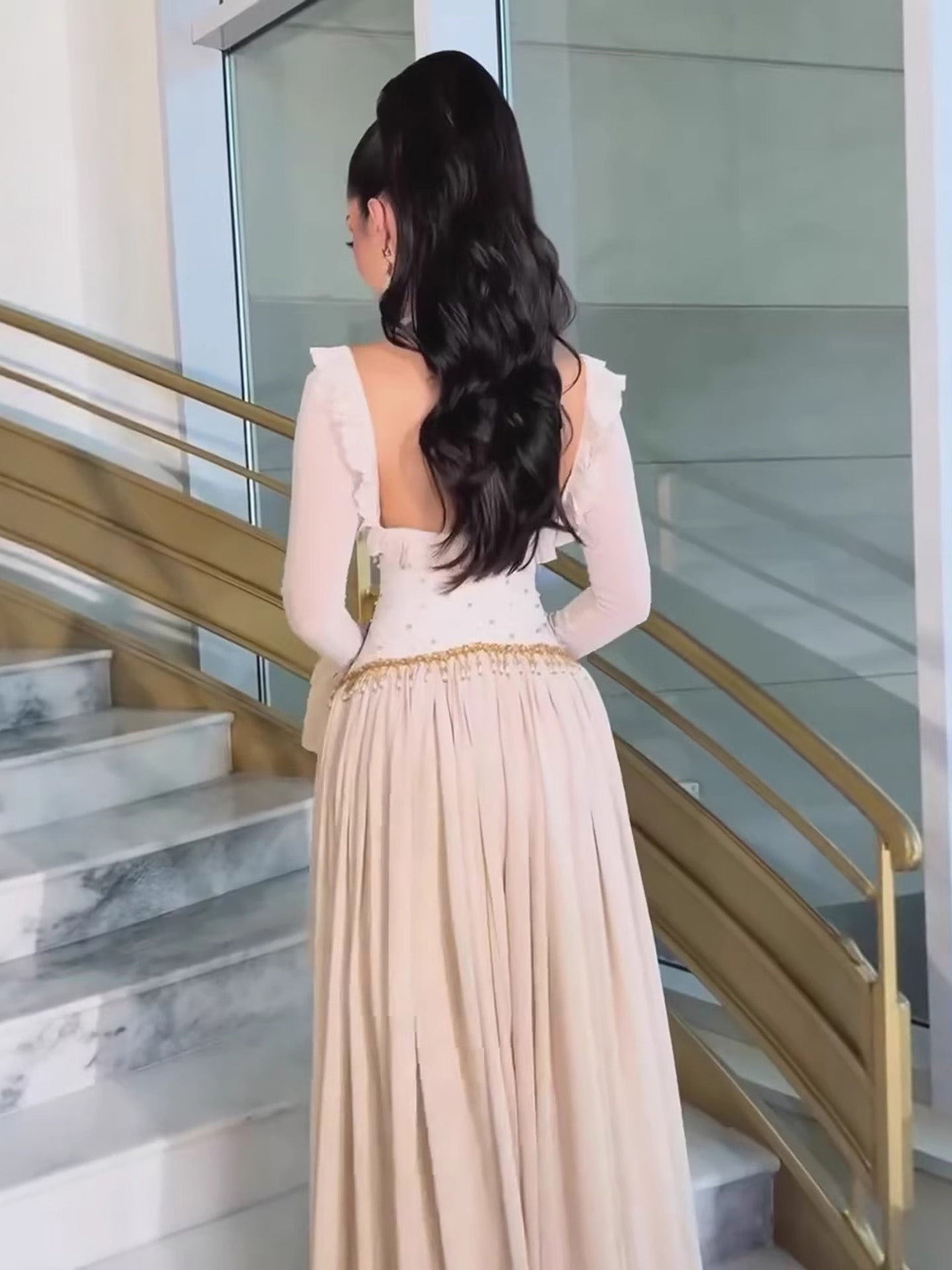 Luxury Beige Beaded A Line Evening Dress Long Sleeves CLA73665