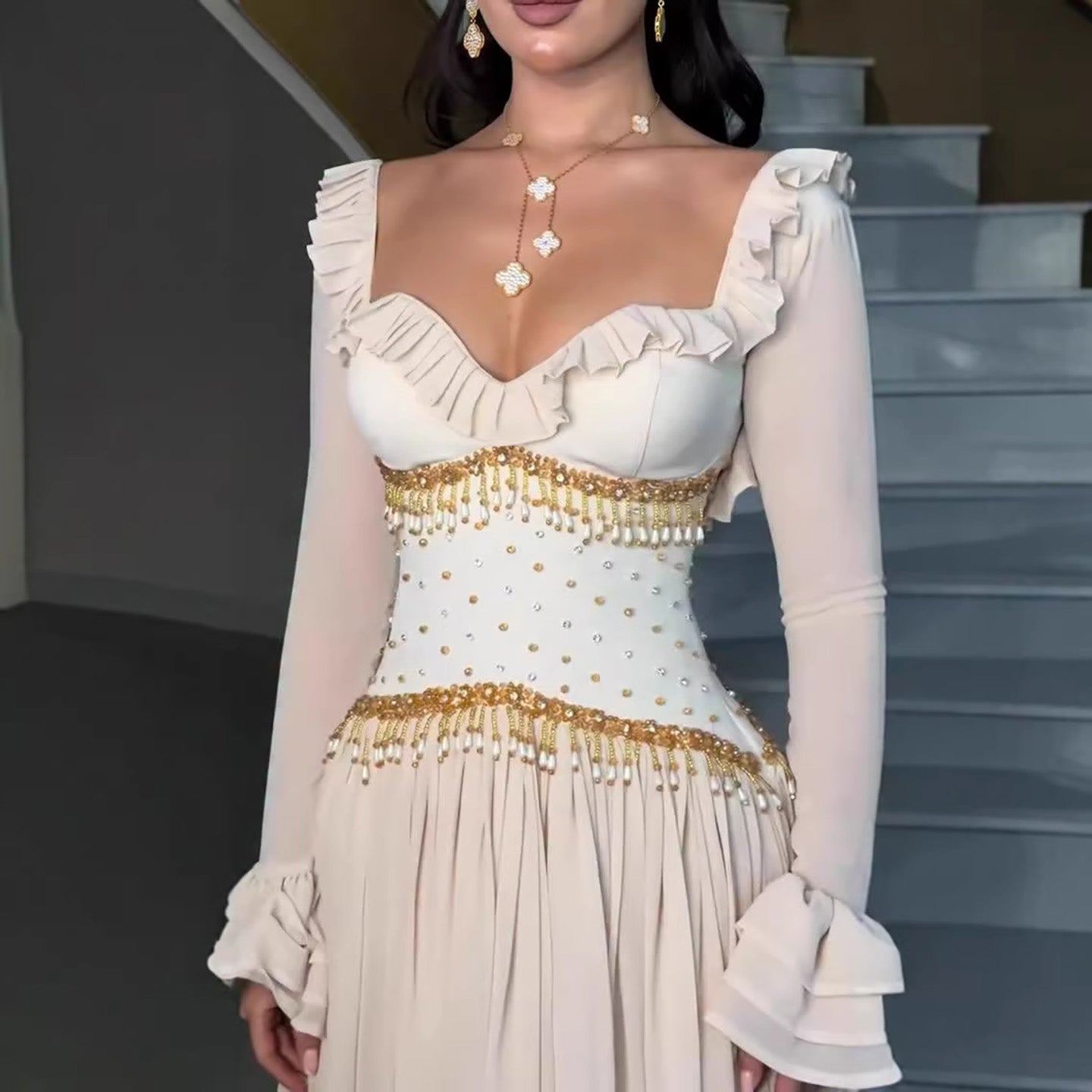 Luxury Beige Beaded A Line Evening Dress Long Sleeves CLA73665