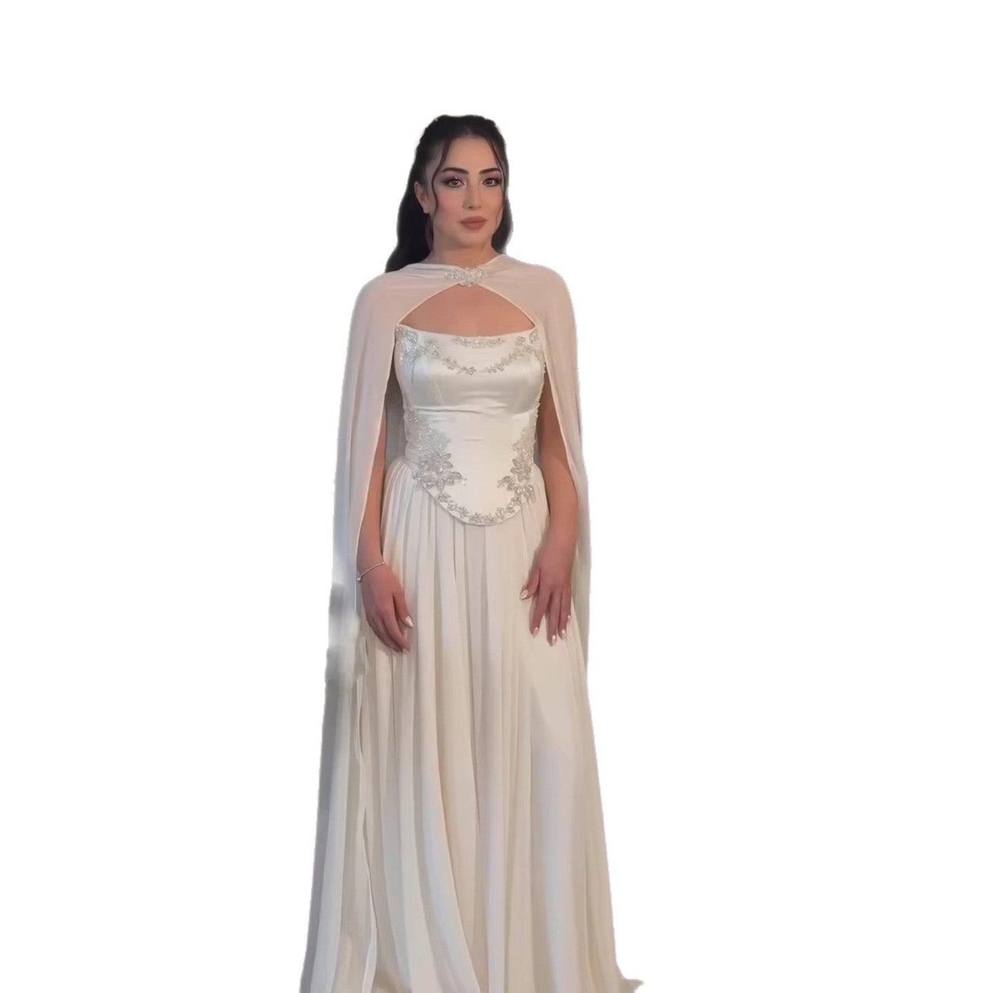 Luxury White A-Line Evening Dress With Cape Beaded Appliques CLA73666