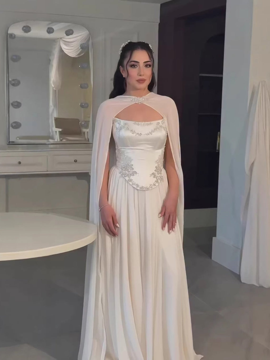 Luxury White A-Line Evening Dress With Cape Beaded Appliques CLA73666