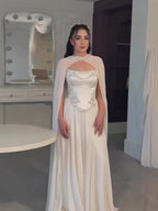 Luxury White A-Line Evening Dress With Cape Beaded Appliques CLA73666