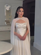 Luxury White A-Line Evening Dress With Cape Beaded Appliques CLA73666