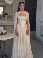Luxury White A-Line Evening Dress With Cape Beaded Appliques CLA73666