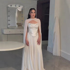 Luxury White A-Line Evening Dress With Cape Beaded Appliques CLA73666