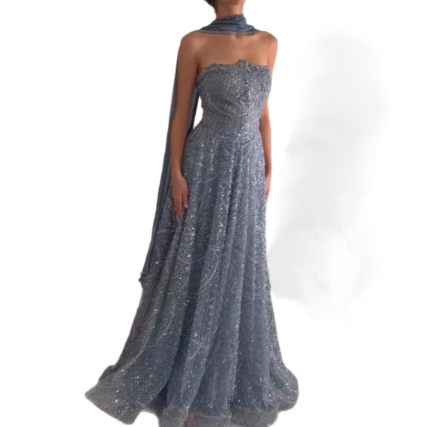 Luxury Blue Beaded A-Line Evening Dress with Cape Scarf CLA73668