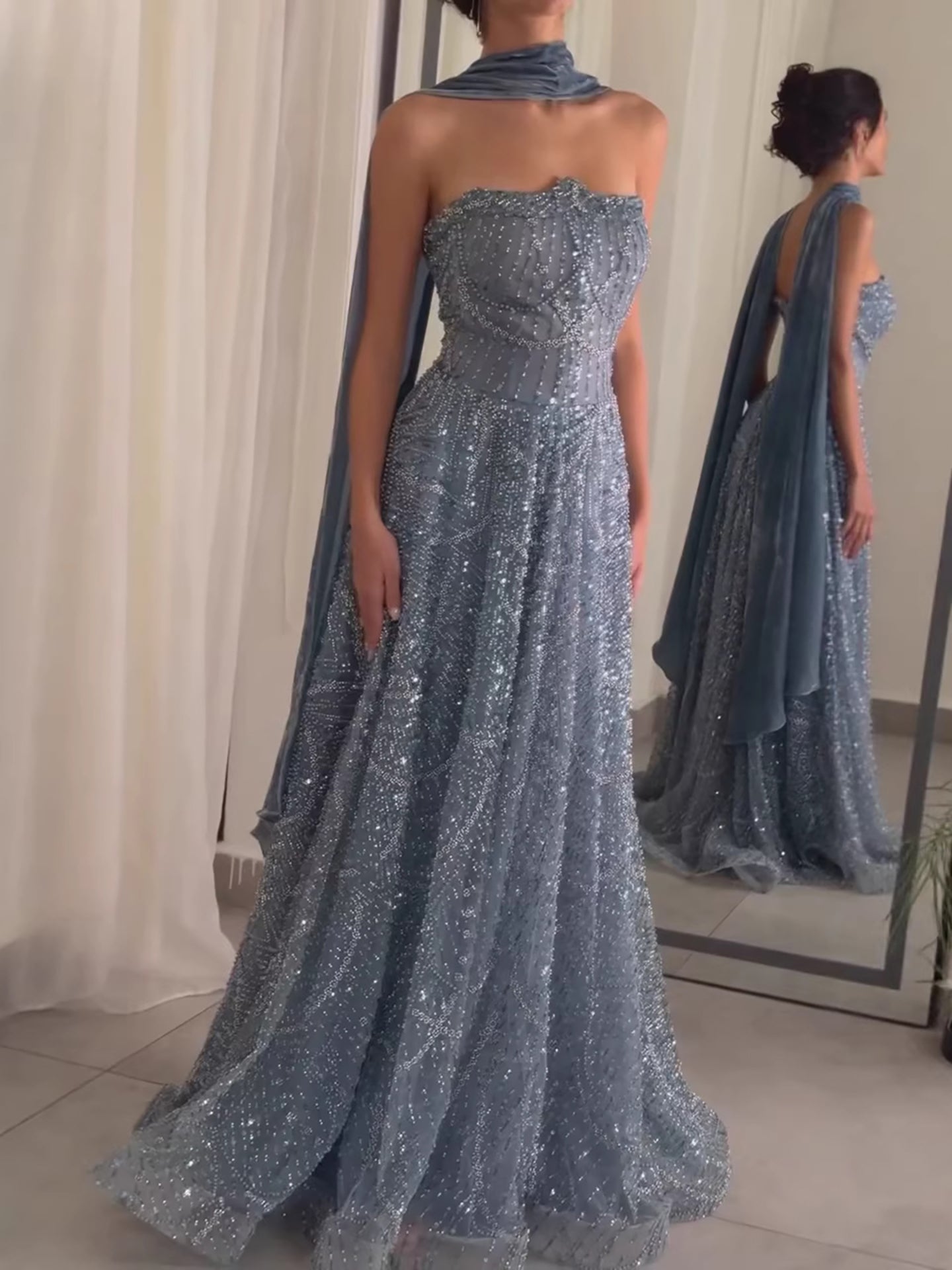 Luxury Blue Beaded A-Line Evening Dress with Cape Scarf CLA73668