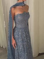 Luxury Blue Beaded A-Line Evening Dress with Cape Scarf CLA73668